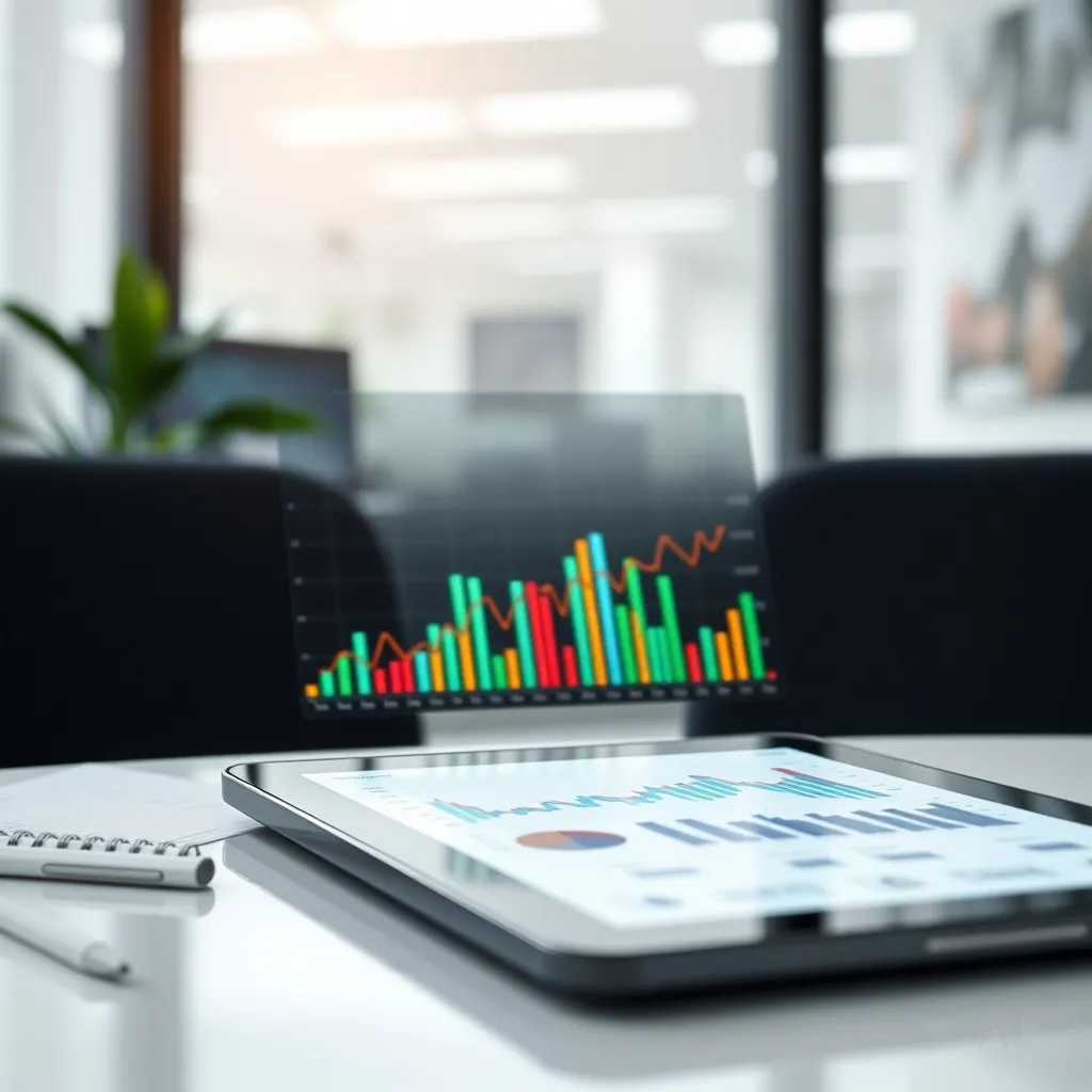 Financial charts and graphs on a digital tablet, clean offic