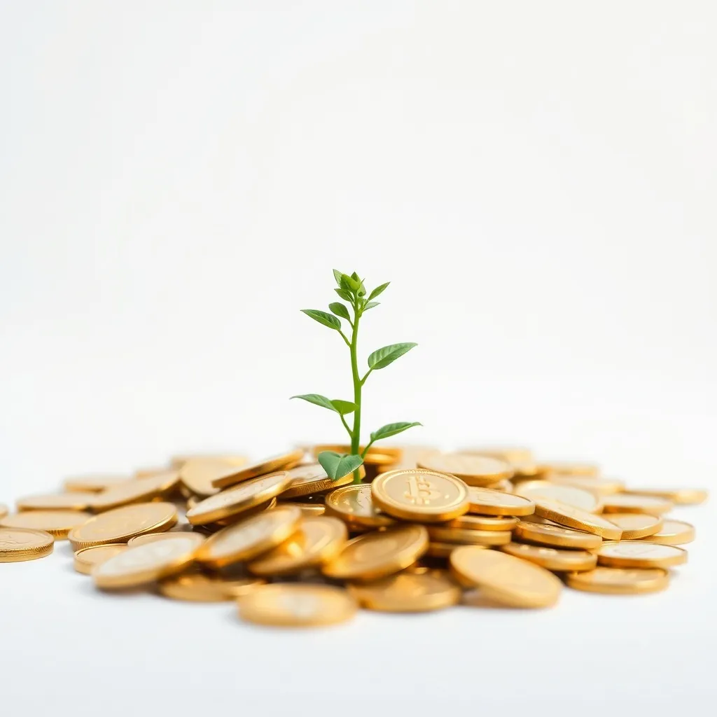 A small green plant growing out of a pile of gold coins, rep
