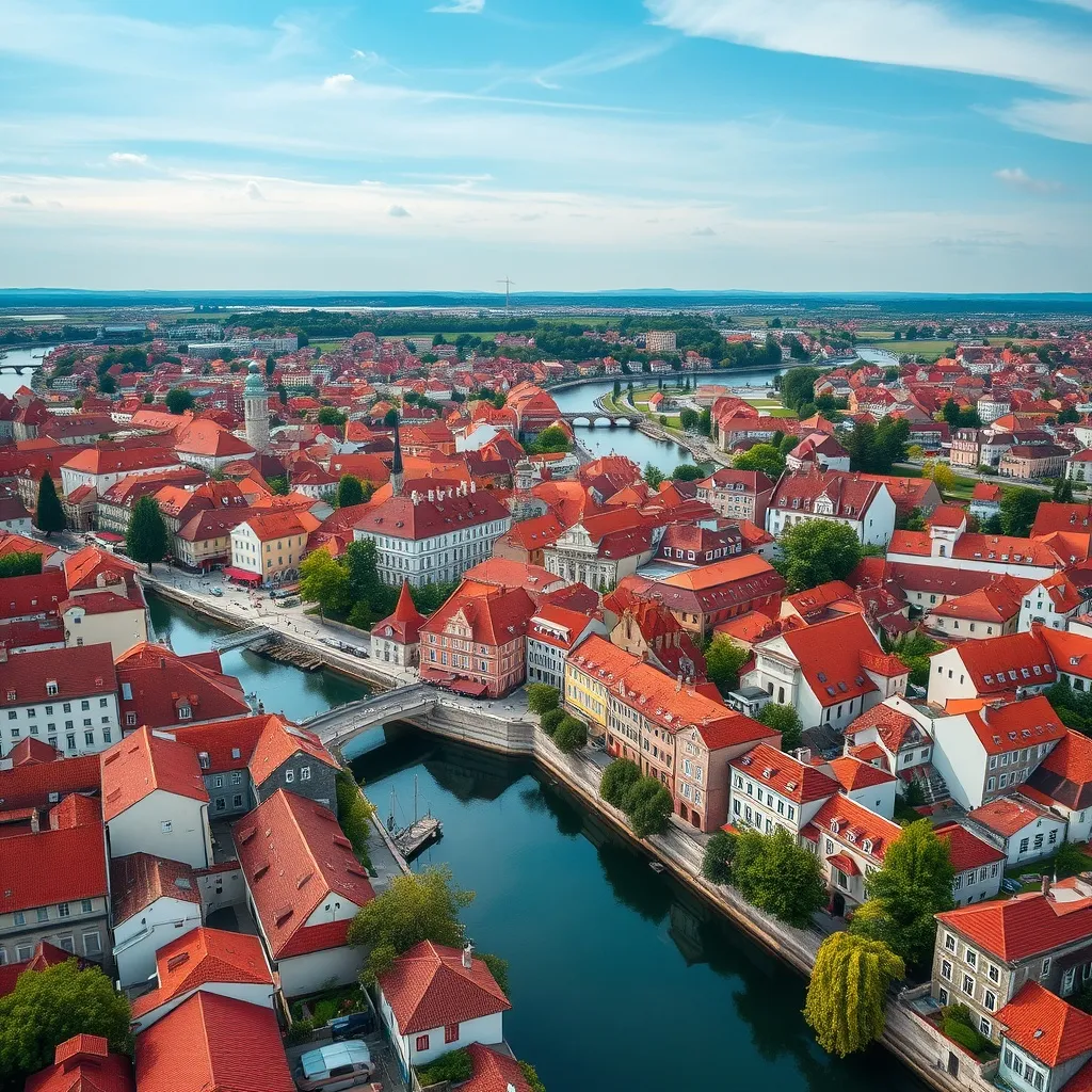 Aerial view of a Central European city with red roofs and a