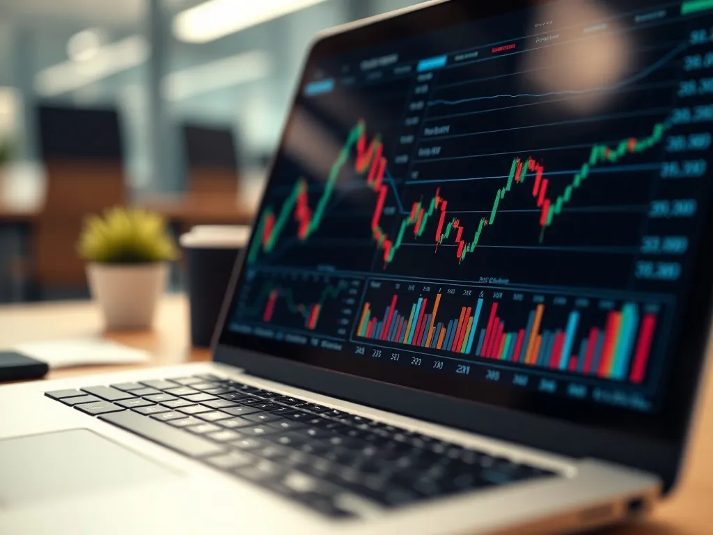 Close-up of financial charts on a laptop screen, blurred off