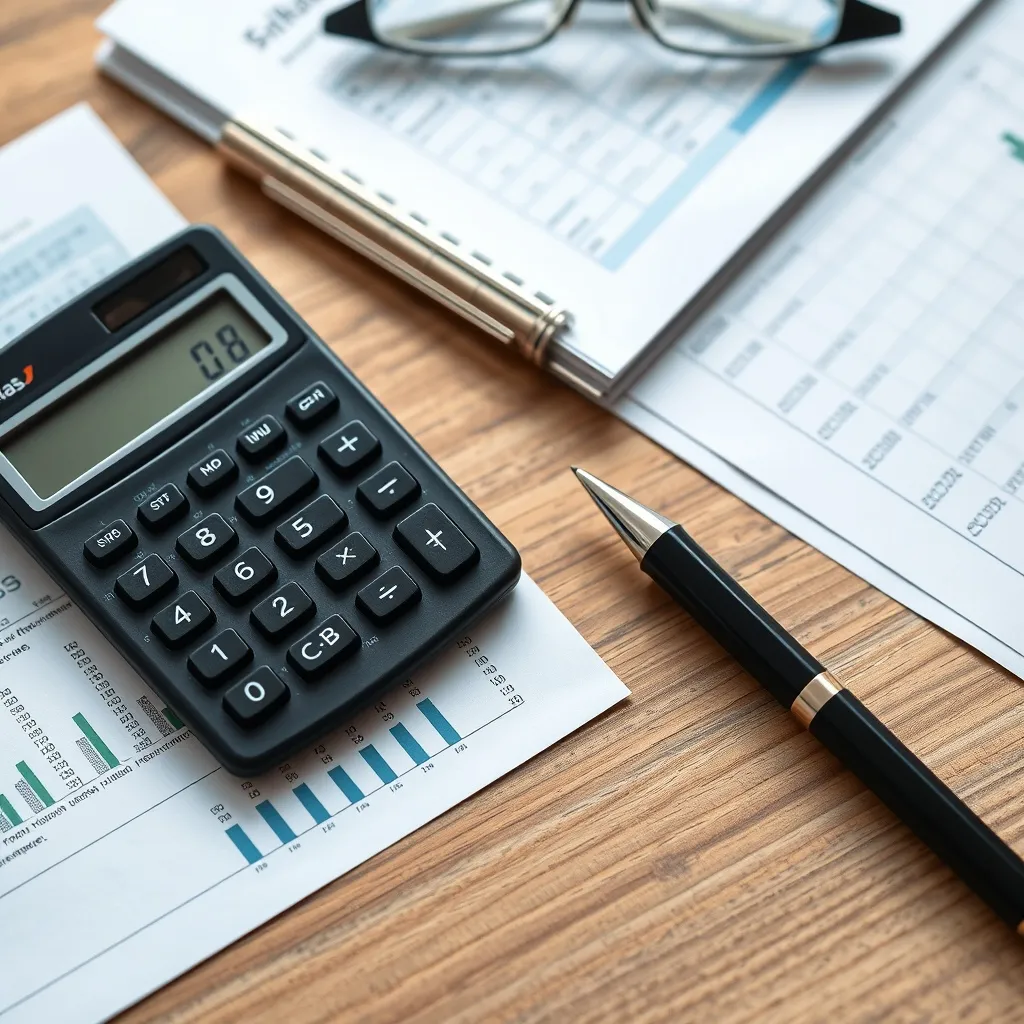 Close-up of a calculator, financial documents, and a pen on